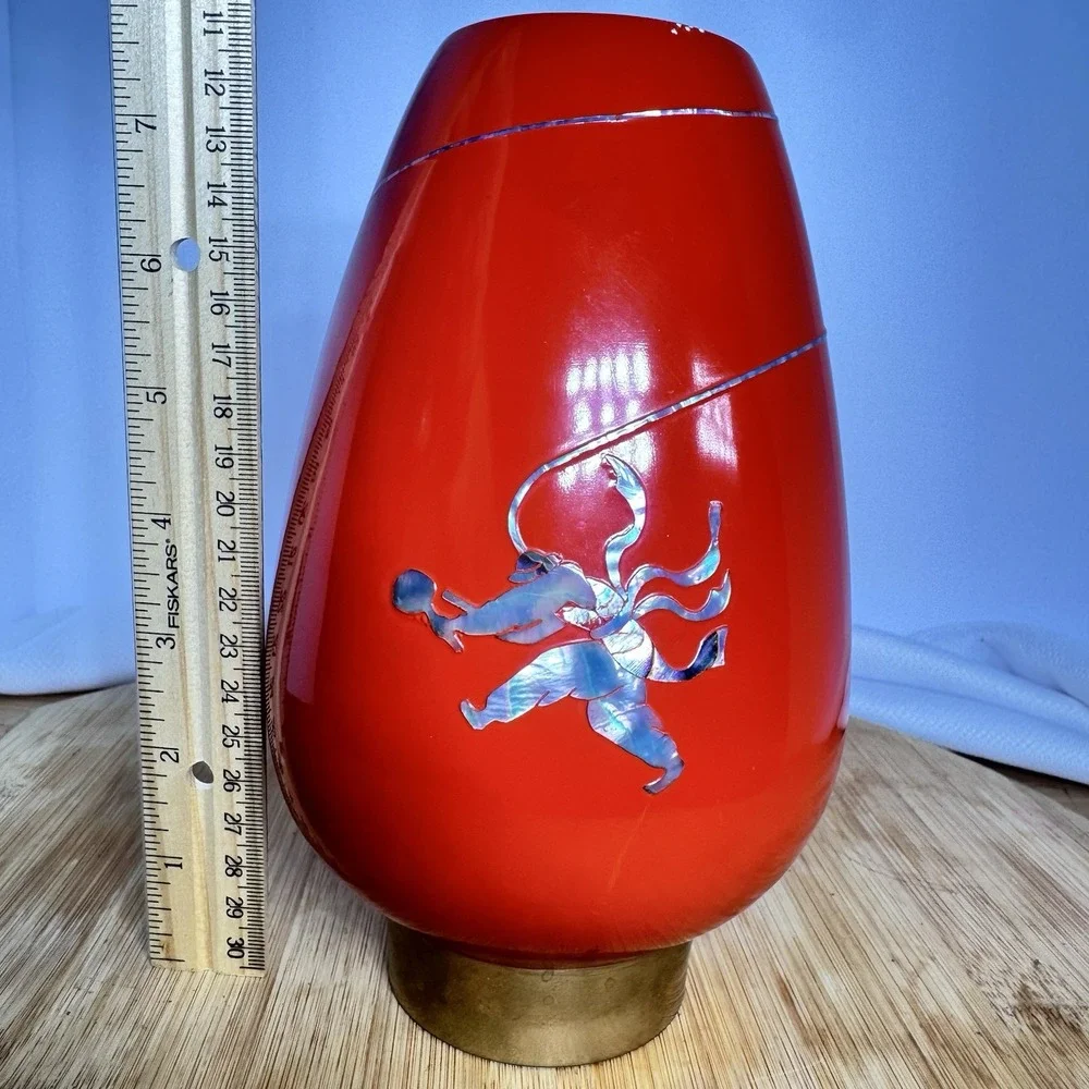 Vintage 1978 Korean Red Lacquerware Vase Asian Decor Gold Figure Brass Footed